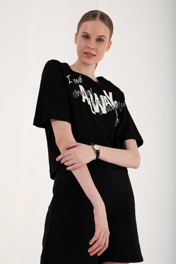 Kadın Siyah Baskılı Drop T-Shirt görsel 2