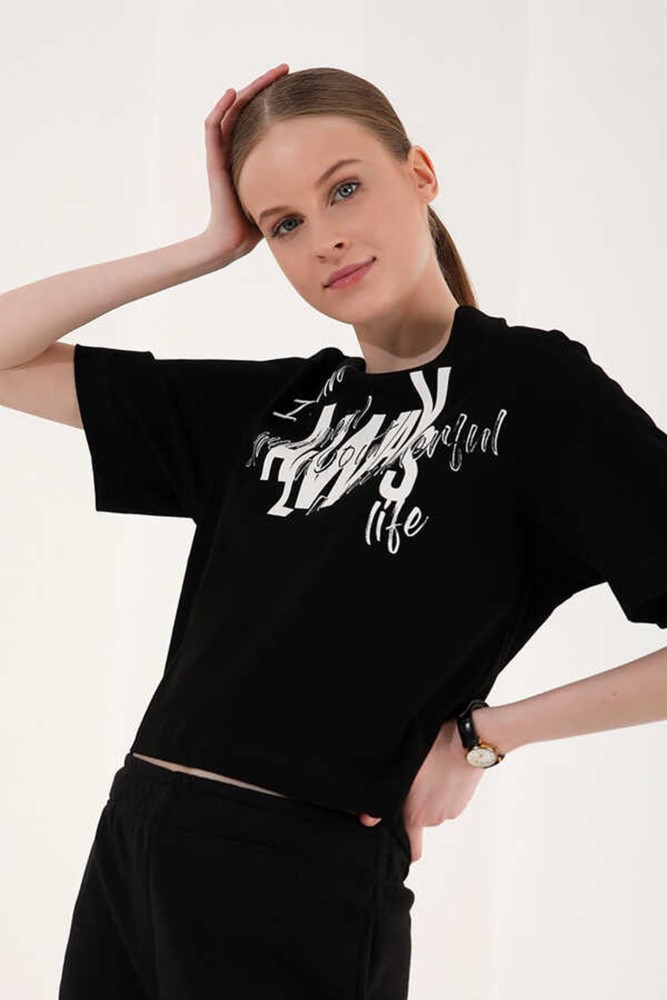 Kadın Siyah Baskılı Drop T-Shirt görsel 3