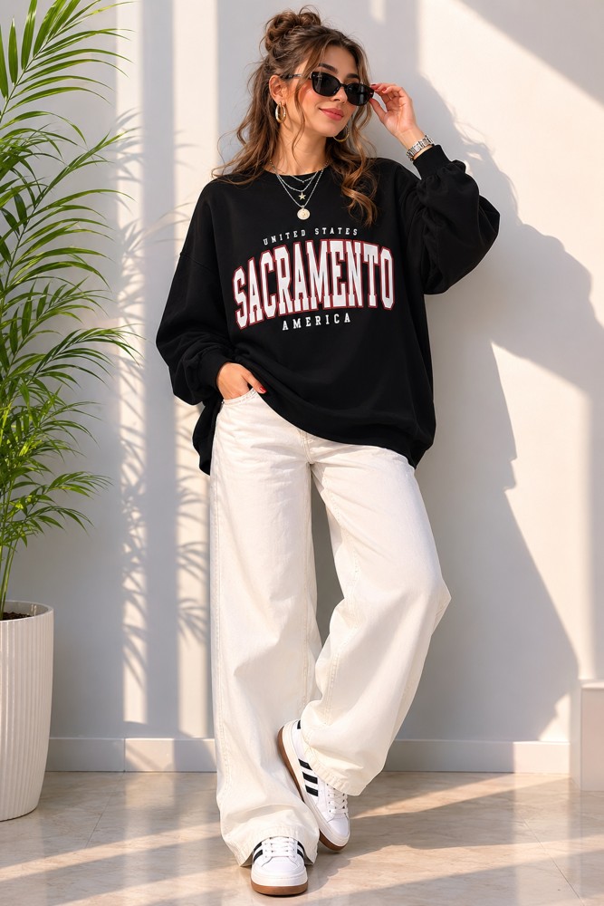 Kadın Siyah Bisiklet Yaka Sweatshirt