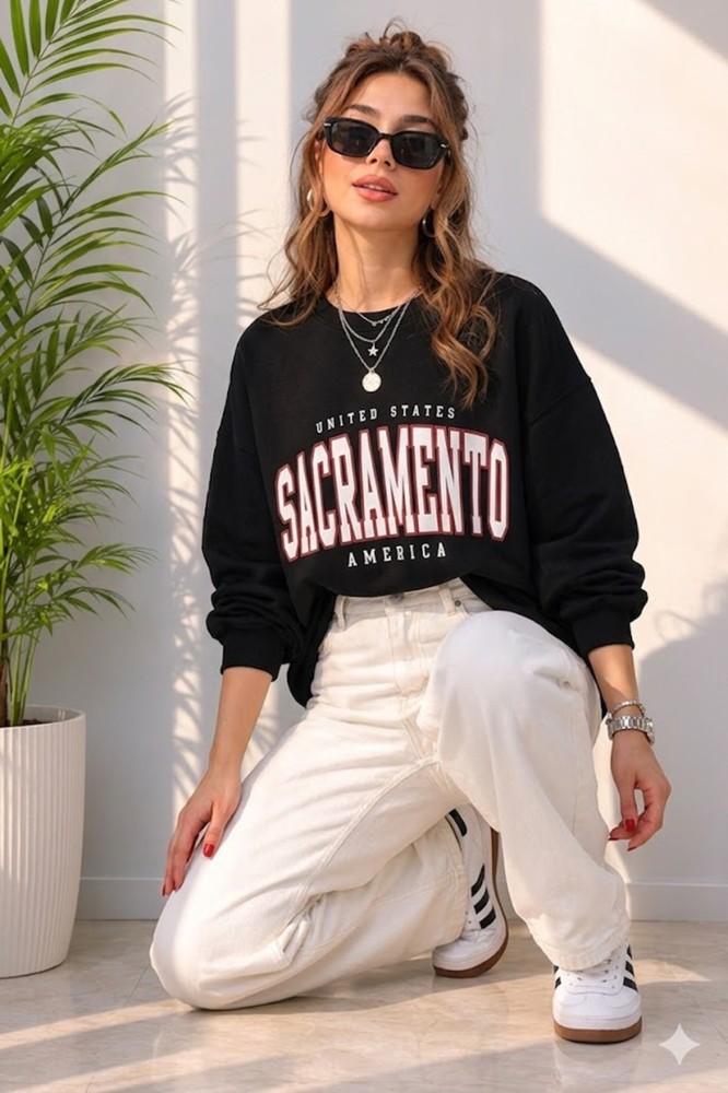 Kadın Siyah Bisiklet Yaka Sweatshirt görsel 2