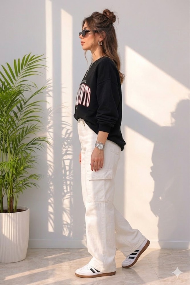 Kadın Siyah Bisiklet Yaka Sweatshirt görsel 3