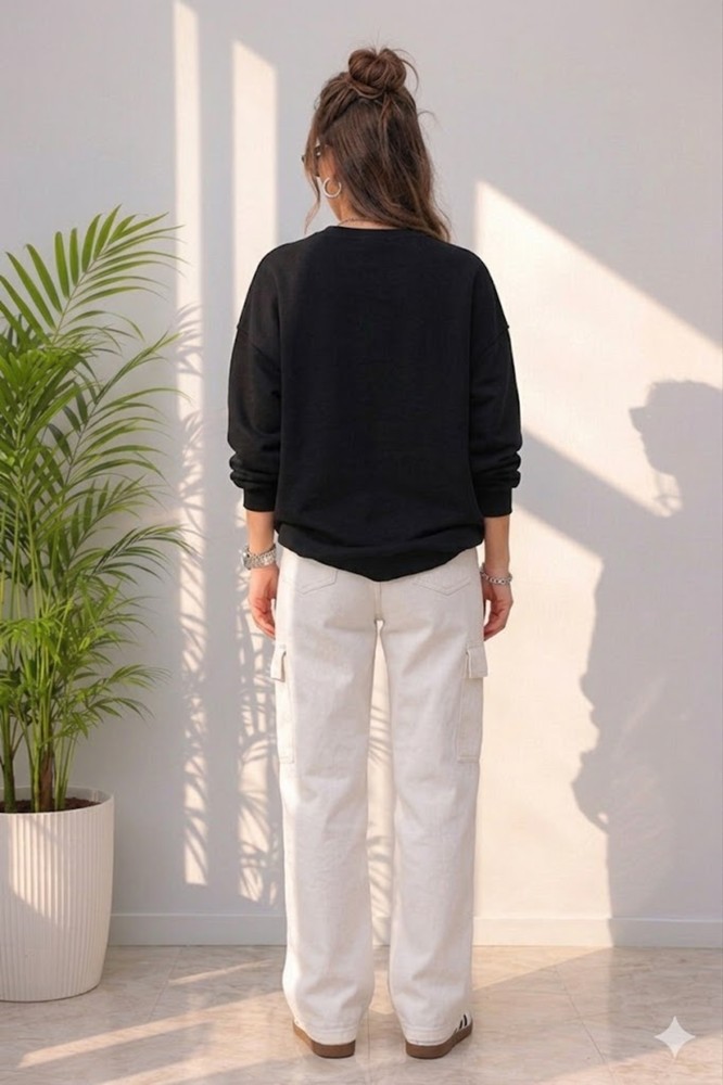 Kadın Siyah Bisiklet Yaka Sweatshirt görsel 4