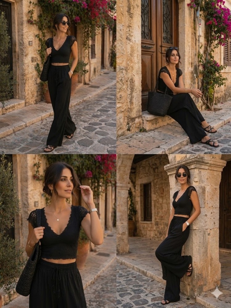 Kadın Siyah Bol Paça Keten Pantolon görsel 4