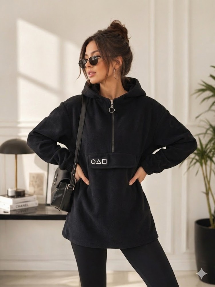 Kadın Siyah Kapşonlu Polar Sweatshirt görsel 2