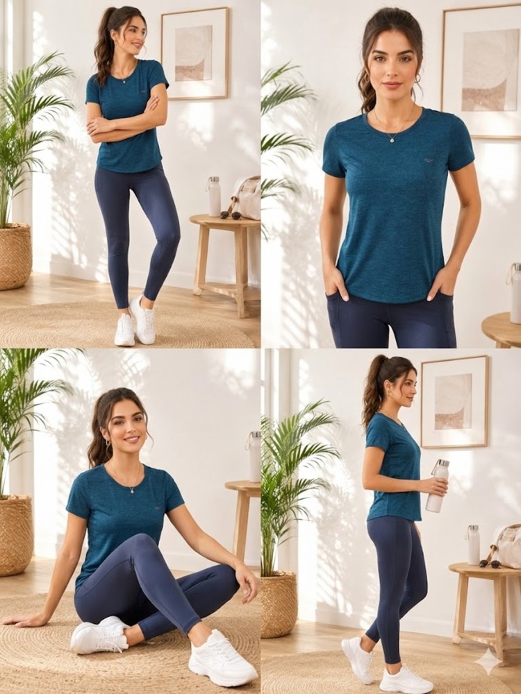 Kadın Turkuaz Bisiklet Yaka Basic T-Shirt görsel 4