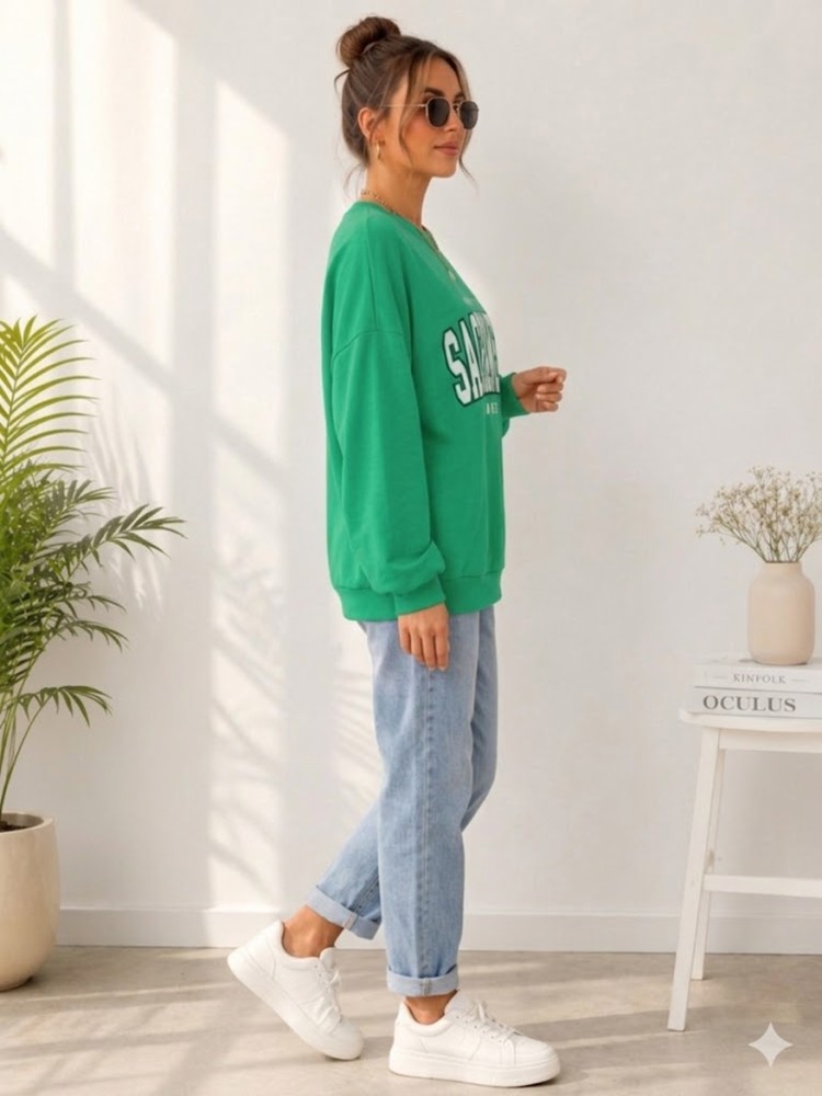 Kadın Yeşil Bisiklet Yaka Sweatshirt görsel 2