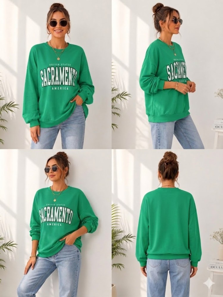 Kadın Yeşil Bisiklet Yaka Sweatshirt görsel 4
