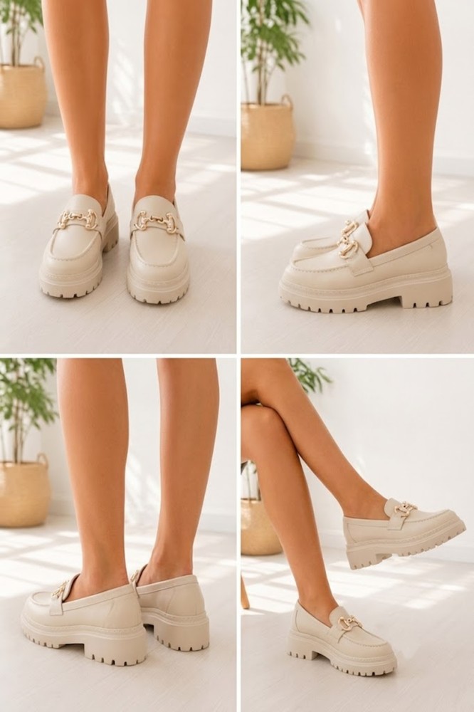 Kadın Bej Loafer Tokalı Ayakkabı görsel 4
