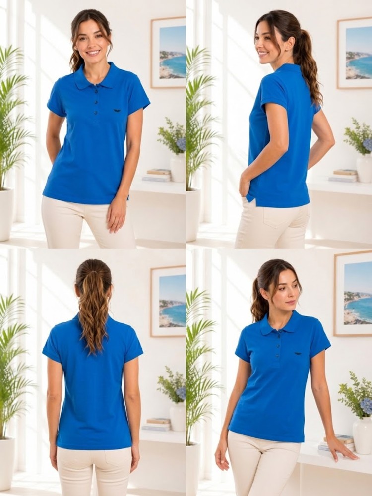 Kadın Mavi Polo Yaka Basıc T-Shirt görsel 4