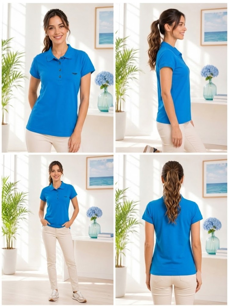 Kadın Turkuaz Polo Yaka Basıc T-Shirt görsel 4