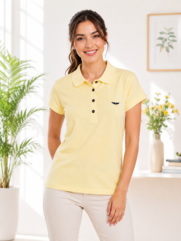 Kadın Sarı Polo Yaka Basıc T-Shirt