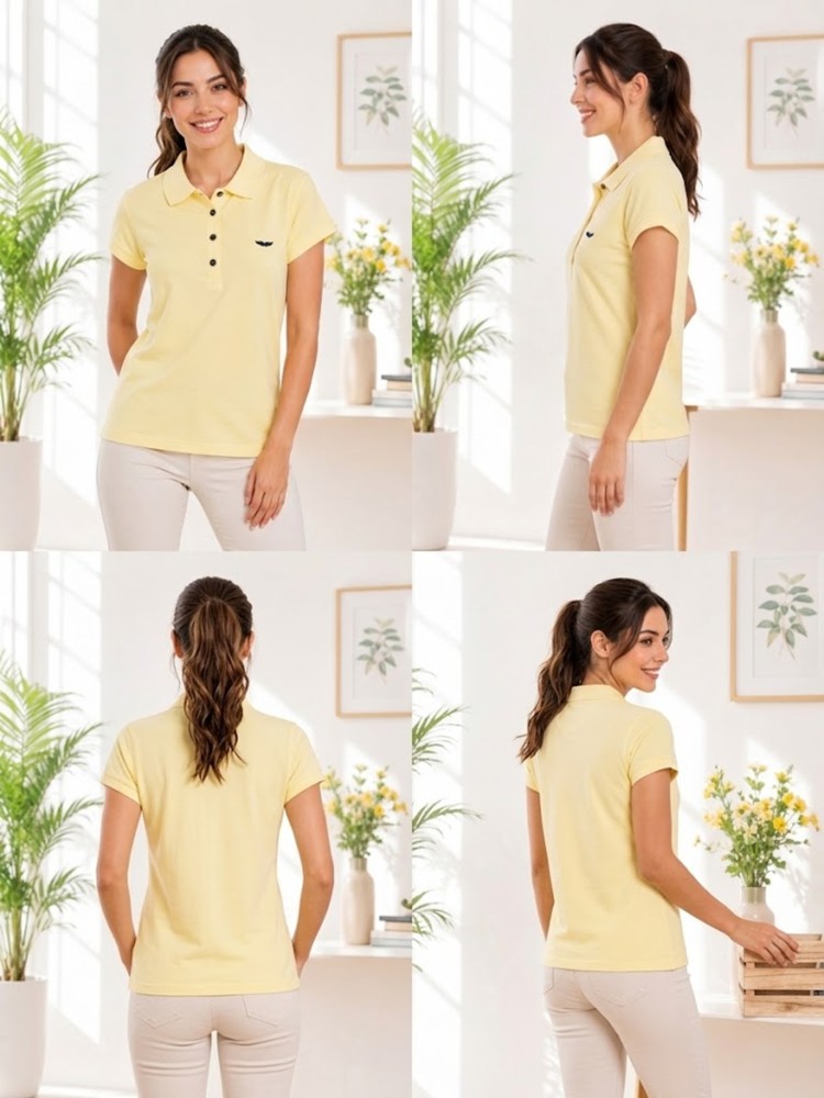 Kadın Sarı Polo Yaka Basıc T-Shirt görsel 4