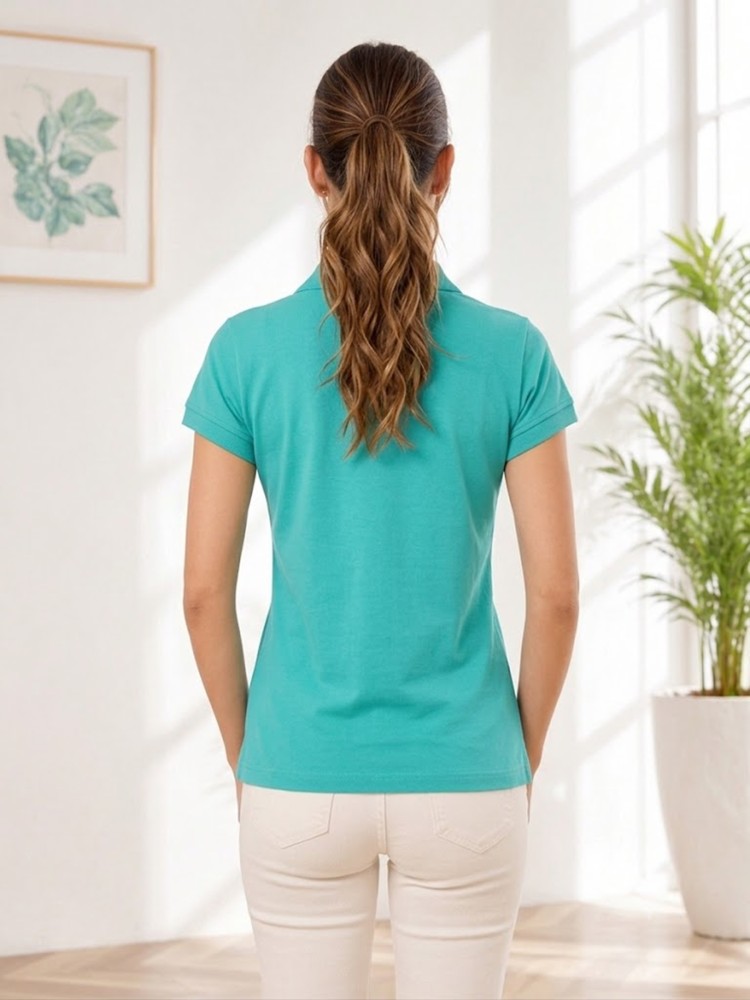 Kadın Mint Yeşili Polo Yaka Basıc T-Shirt görsel 3