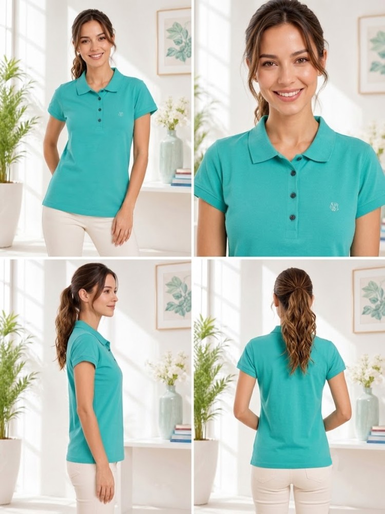 Kadın Mint Yeşili Polo Yaka Basıc T-Shirt görsel 4