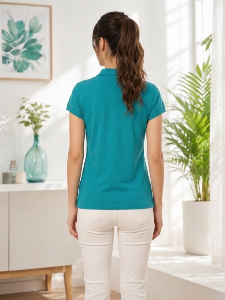 Kadın Yeşil Polo Yaka Basıc T-Shirt görsel 3