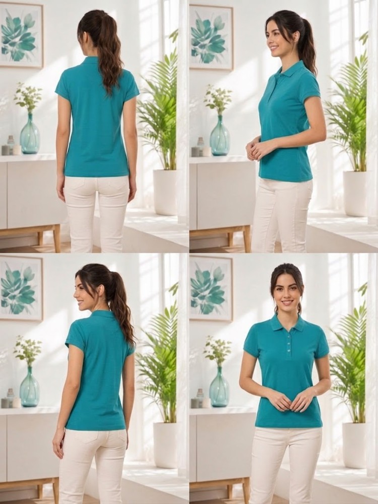Kadın Yeşil Polo Yaka Basıc T-Shirt görsel 4