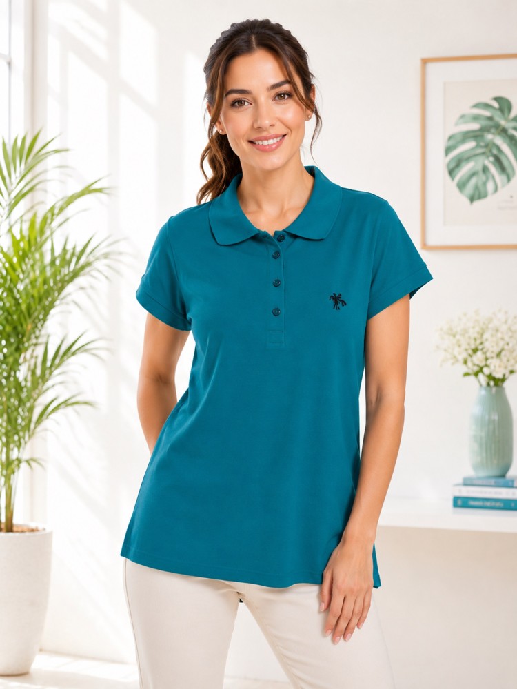 Kadın Yeşil Polo Yaka Basıc T-Shirt
