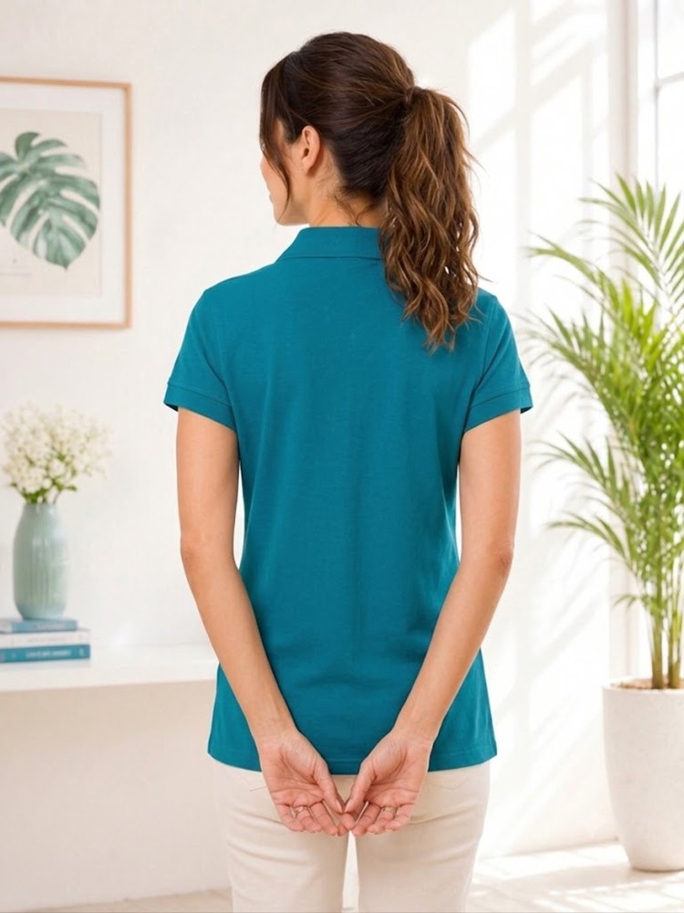 Kadın Yeşil Polo Yaka Basıc T-Shirt görsel 3