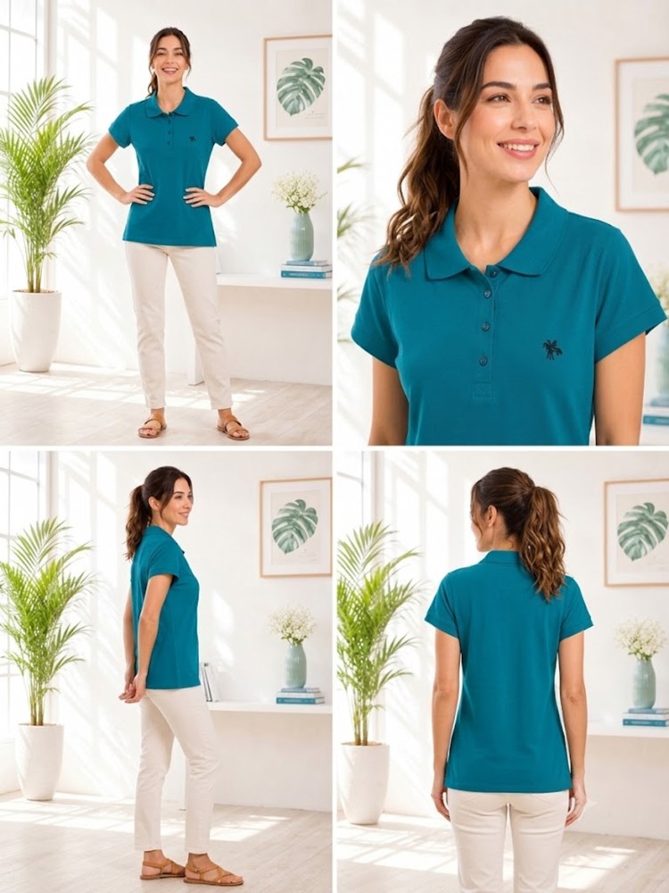 Kadın Yeşil Polo Yaka Basıc T-Shirt görsel 4