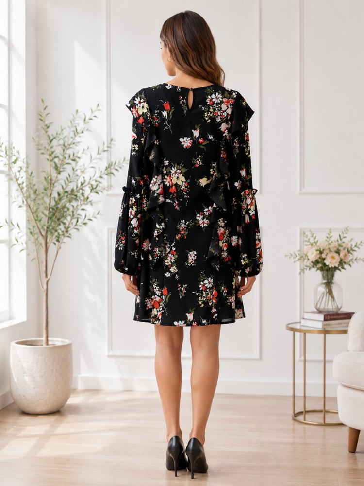Kadın Siyah Çiçek Floral Baskılı Günlük Elbise görsel 3