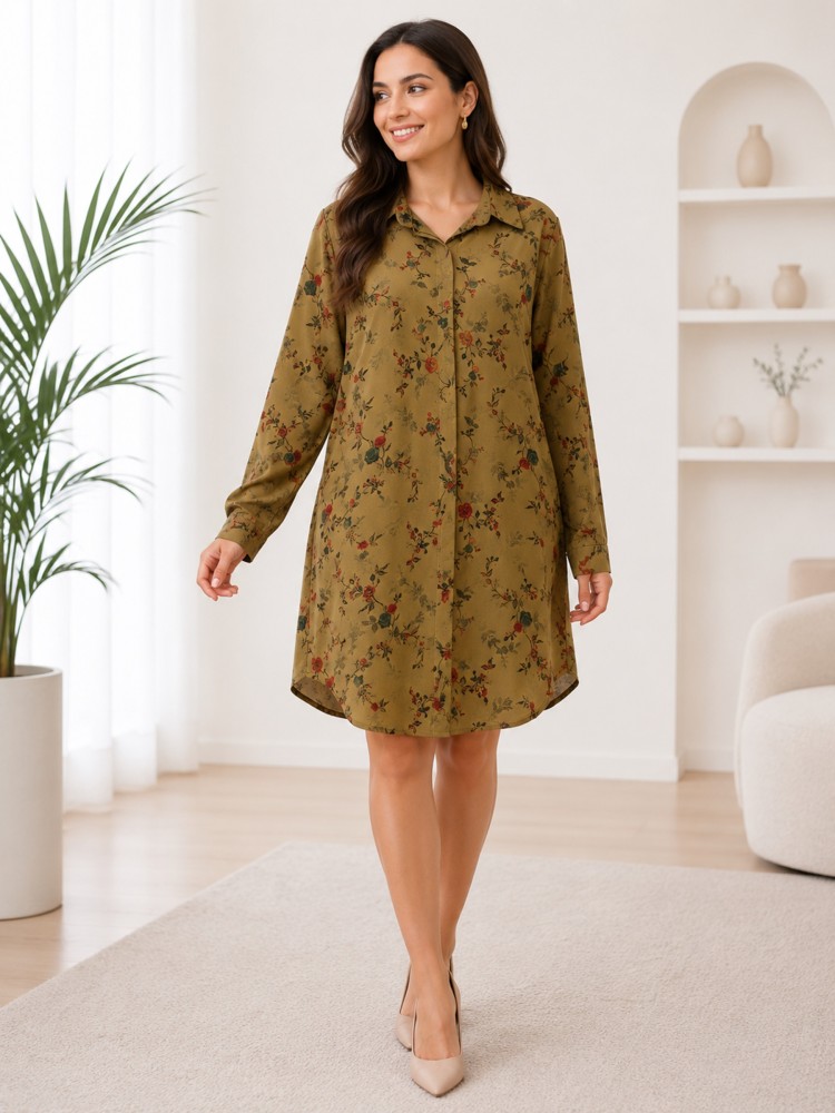 Kadın Haki Floral Desen Günlük Elbise