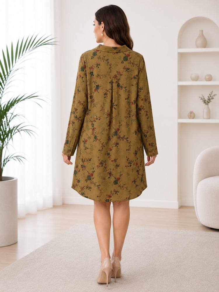 Kadın Haki Floral Desen Günlük Elbise görsel 3