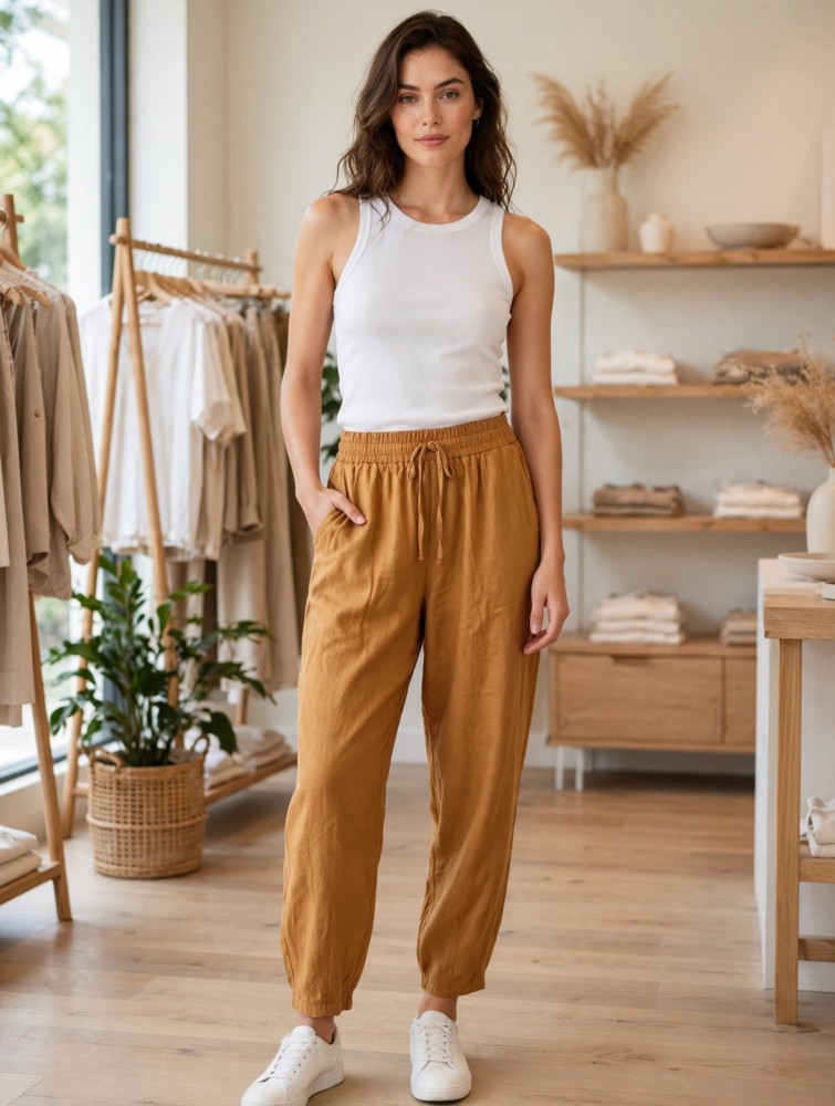 Kadın Taba Keten Jogger Pantolon