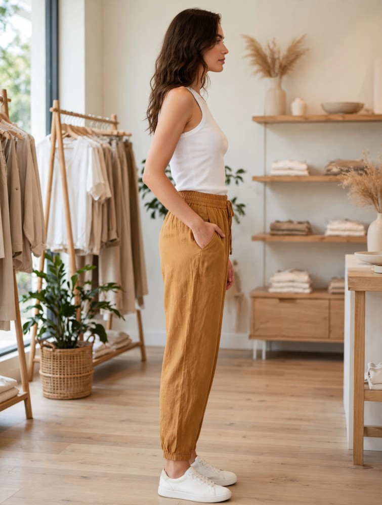 Kadın Taba Keten Jogger Pantolon görsel 2