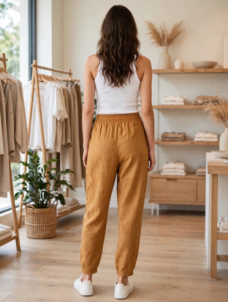 Kadın Taba Keten Jogger Pantolon görsel 3
