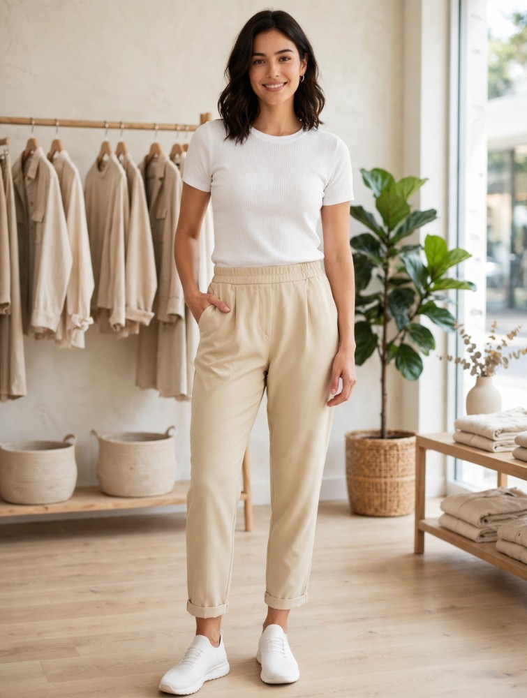 Kadın Bej Esnek Bel Bantlı Rahat Kesim Pantolon